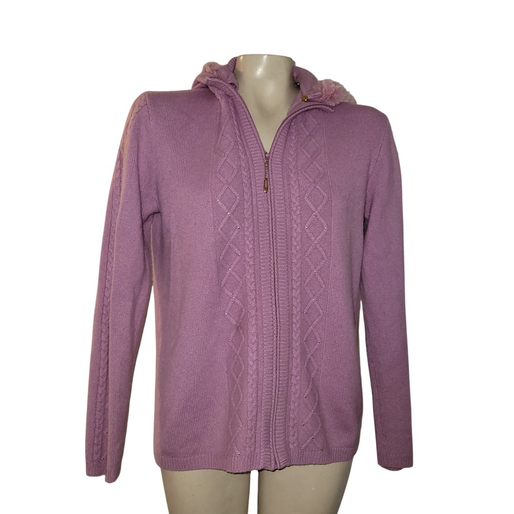 ST JOHN Cashmere Zip Up Hoodie Rabbit Fur Trim Cable Knit Rhinestone Detail